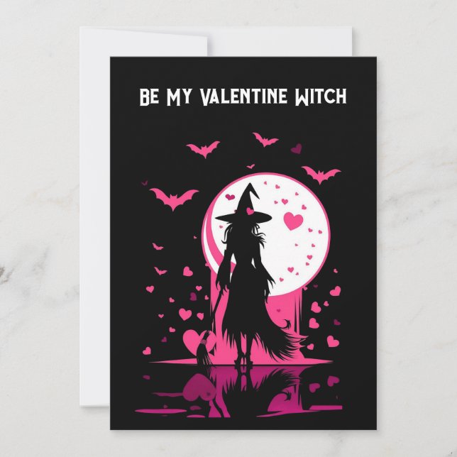 Downloadable, pink magical witch Valentine’s Day  Holiday Card (Front)