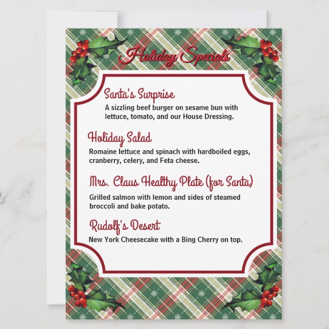 Downloadable Plaid Holiday Specials Menu (Front)