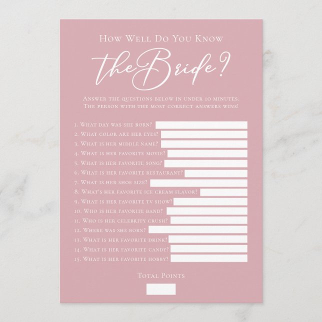 Downloadable Rose Pink Bride Facts Shower Game Card (Front)