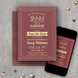 Downloadable Surprise Birthday Burgundy and Gold Save The Date