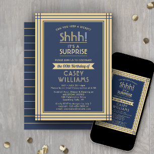 Downloadable Surprise Birthday Navy Blue and Gold Invitation