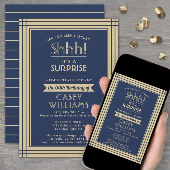 Downloadable Surprise Birthday Navy Blue and Gold Invitation (Creator Uploaded)