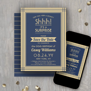 Downloadable Surprise Birthday Navy Blue and Gold Save The Date