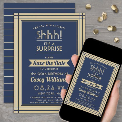 Downloadable Surprise Birthday Navy Blue and Gold Save The Date