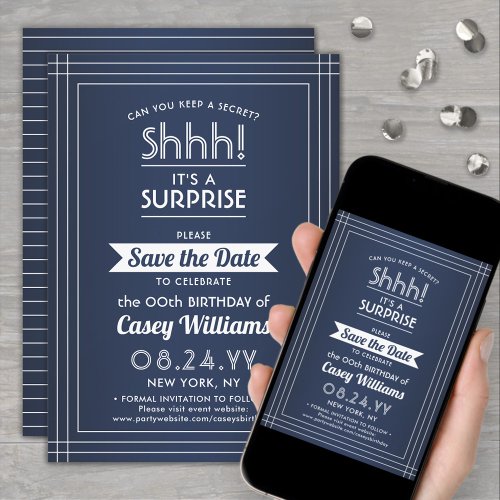 Downloadable Surprise Birthday Navy Blue and White Save The Date