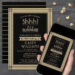 Downloadable Surprise Birthday Party Black & Gold Invitation<br><div class="desc">Can you keep a secret? Invite family and friends to an elegant and exciting surprise birthday celebration with custom black and gold party invitations. All wording on this template is simple to personalize, including message that reads "Shhh! It's a SURPRISE." The design features a modern striped border, classic vintage art...</div>