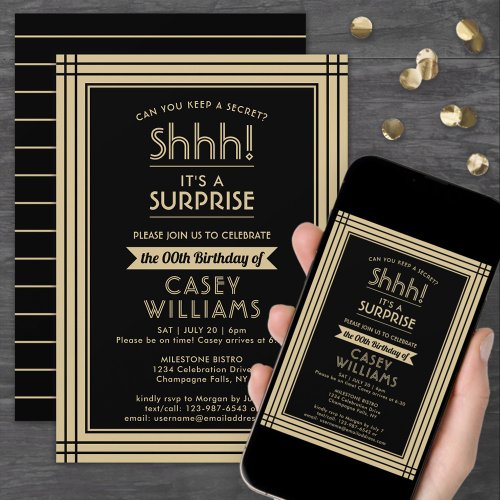 Downloadable Surprise Birthday Party Black  Gold Invitation