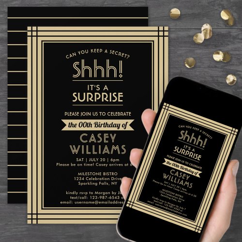 Downloadable Surprise Birthday Party Black  Gold Invitation