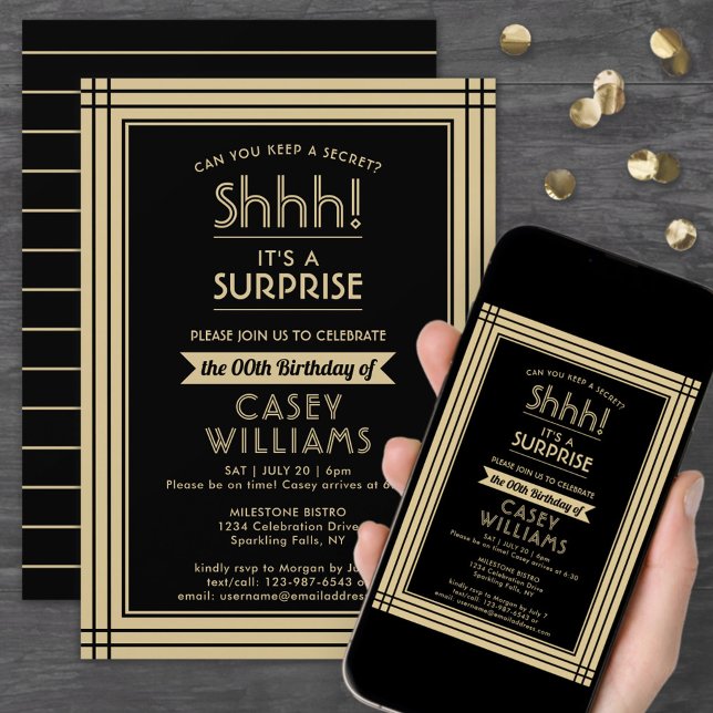 Downloadable Surprise Birthday Party Black & Gold Invitation (Creator Uploaded)