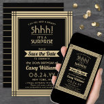 Downloadable Surprise Birthday Party Black & Gold Save The Date<br><div class="desc">Can you keep a secret? Invite family and friends to an elegant and exciting surprise birthday celebration with custom black and gold save the date party invitations. All wording on this template is simple to personalize, including message that reads "Shhh! It's a SURPRISE." The design features a modern striped border,...</div>
