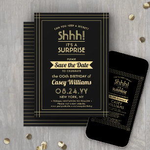 Downloadable Surprise Birthday Party Black & Gold Save The Date