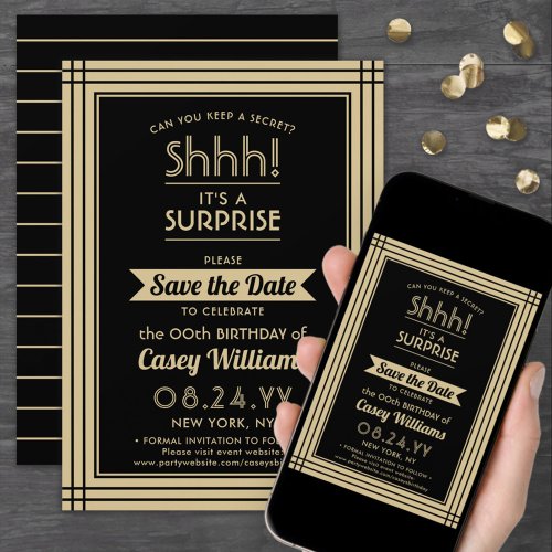 Downloadable Surprise Birthday Party Black  Gold Save The Date