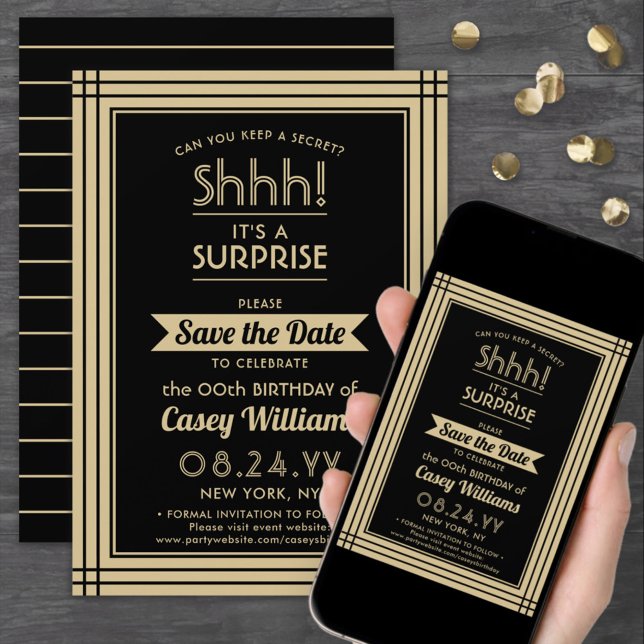 Downloadable Surprise Birthday Party Black & Gold Save The Date (Creator Uploaded)