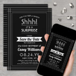 Downloadable Surprise Birthday Party Black & White Save The Date<br><div class="desc">Can you keep a secret? Invite family and friends to an elegant and exciting surprise birthday celebration with custom black and white save the date party invitations. All wording on this template is simple to personalize, including message that reads "Shhh! It's a SURPRISE." The design features a modern striped border,...</div>