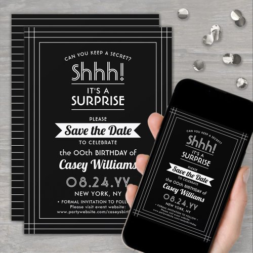 Downloadable Surprise Birthday Party Black  White Save The Date
