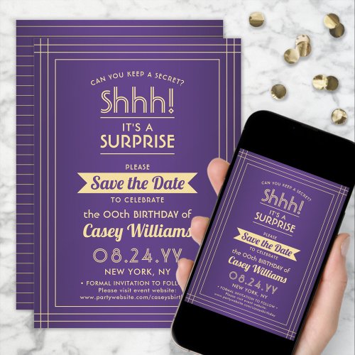 Downloadable Surprise Birthday Purple and Gold Save The Date