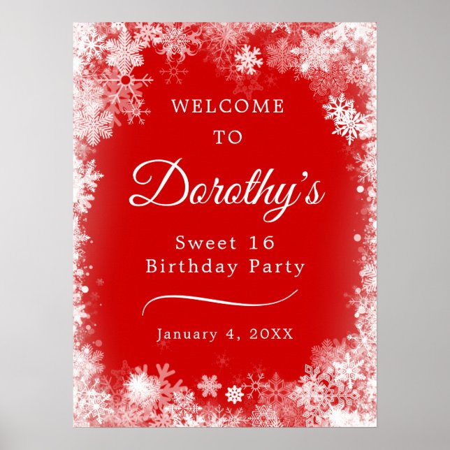 Downloadable Sweet 16 Snowflake Red Welcome Poster (Front)