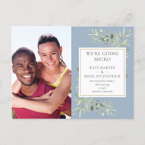 Downsized Micro Dusty Blue Greenery Photo Wedding Announcement Postcard