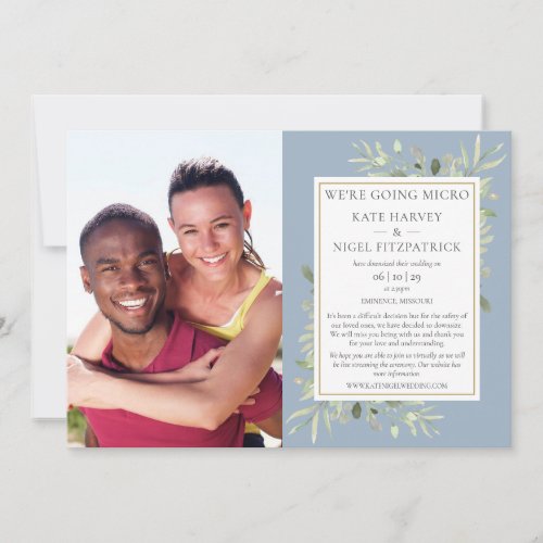 Downsized Micro Dusty Blue Greenery Photo Wedding Invitation