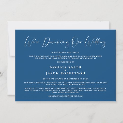 Downsizing Our Wedding Elegant Calligraphy Blue Announcement