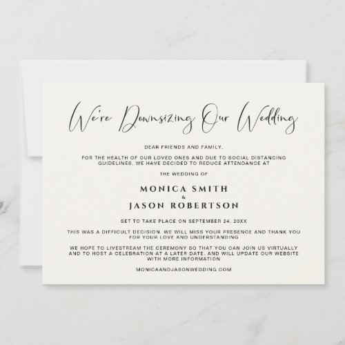 Downsizing Our Wedding Elegant Calligraphy Cream Announcement