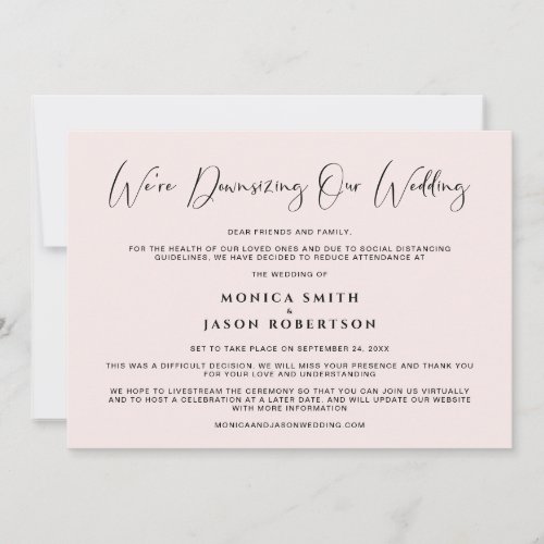 Downsizing Our Wedding Elegant Calligraphy Pink Announcement