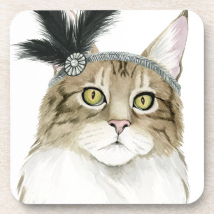 Downton Cat Adorned With Feathers Beverage Coaster