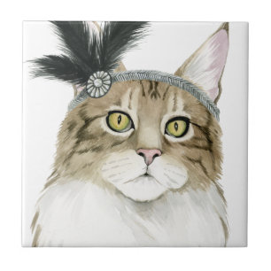 Downton Cat   Adorned With Feathers Ceramic Tile