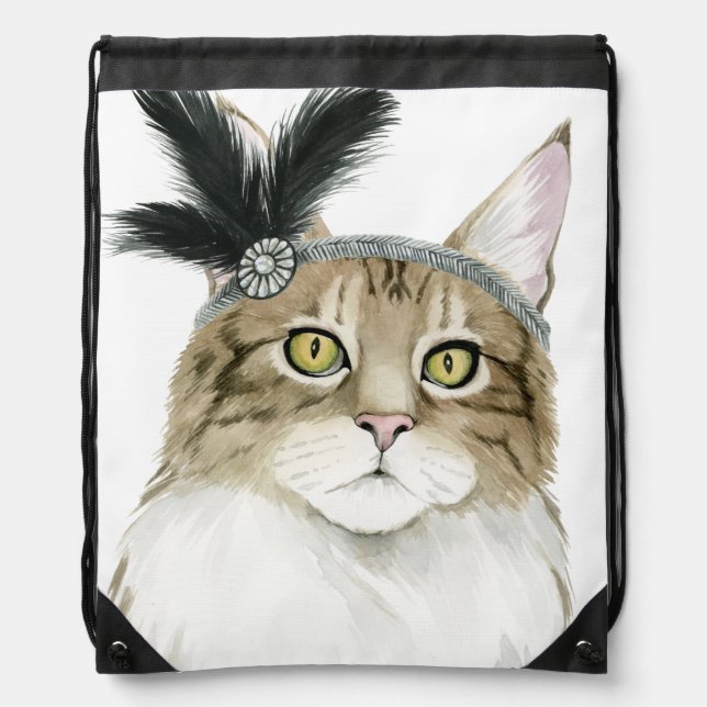 Downton Cat | Adorned With Feathers Drawstring Bag (Front)