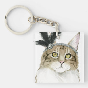 Downton Cat   Adorned With Feathers Keychain