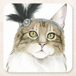 Downton Cat Adorned With Feathers Square Paper Coaster