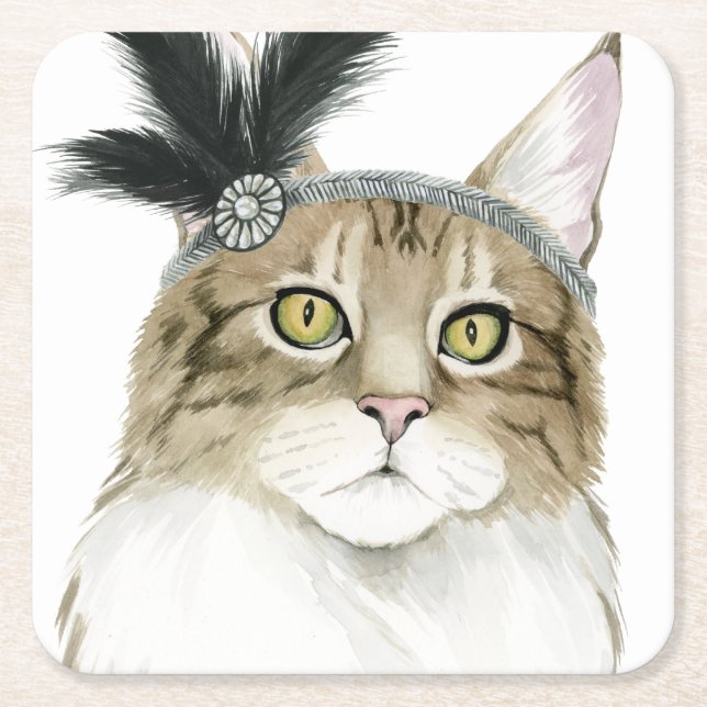 Downton Cat | Adorned With Feathers Square Paper Coaster (Front)