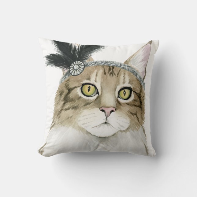 Downton Cat | Adorned With Feathers Throw Pillow (Front)