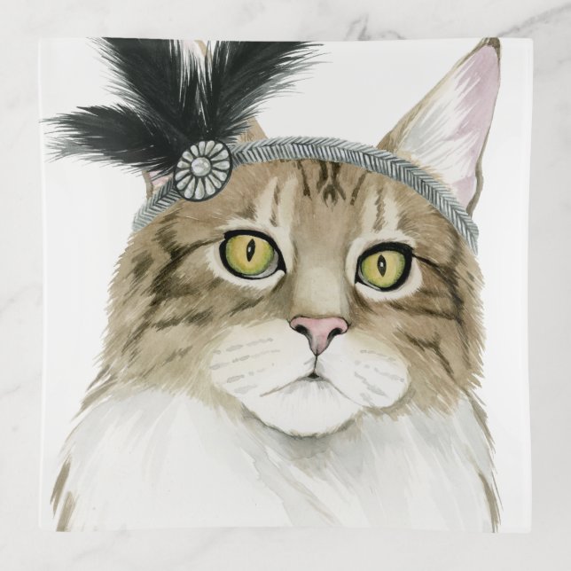 Downton Cat | Adorned With Feathers Trinket Tray (Front)