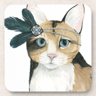 Downton Cat Bejeweled With Feathers Beverage Coaster