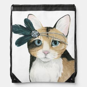 Downton Cat Bejeweled With Feathers Drawstring Bag