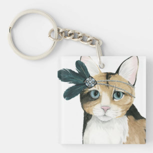 Downton Cat   Bejeweled With Feathers Keychain