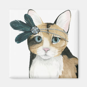 Downton Cat Bejeweled With Feathers Magnet