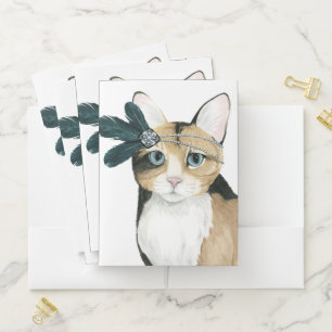 Downton Cat Bejeweled With Feathers Pocket Folder