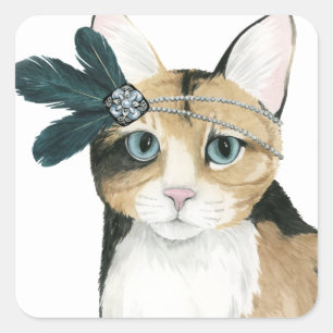 Downton Cat Bejeweled With Feathers Square Sticker
