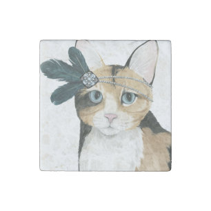 Downton Cat Bejeweled With Feathers Stone Magnet