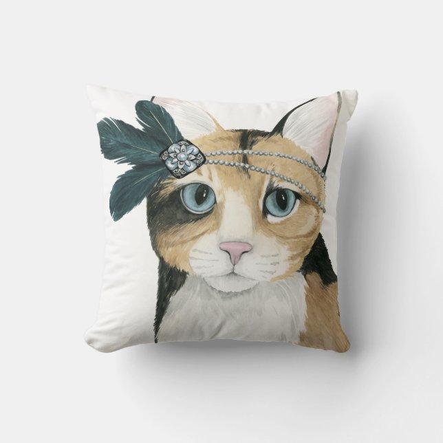 Downton Cat | Bejeweled With Feathers Throw Pillow (Front)