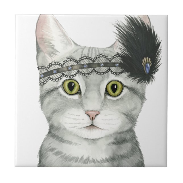 Downton Cat | Bejeweled With Lace Ceramic Tile (Front)