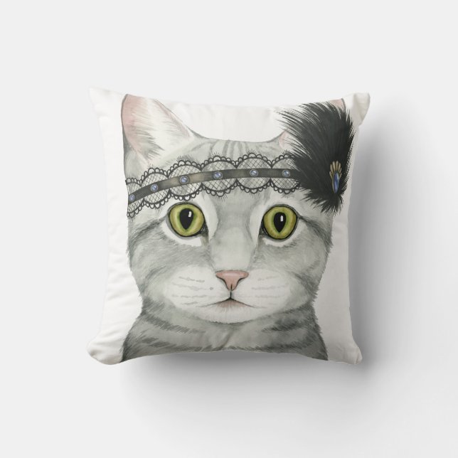 Downton Cat | Bejeweled With Lace Throw Pillow (Front)
