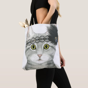 Downton Cat Bejeweled With Lace Tote Bag