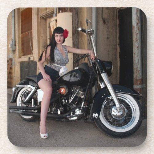 Downtown Alley Motorcycle Rockabilly Pin Up Girl Beverage Coaster