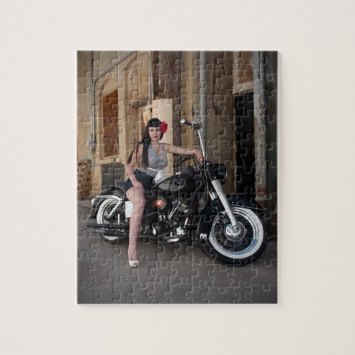 Downtown Alley Motorcycle Rockabilly Pin Up Girl Jigsaw Puzzle