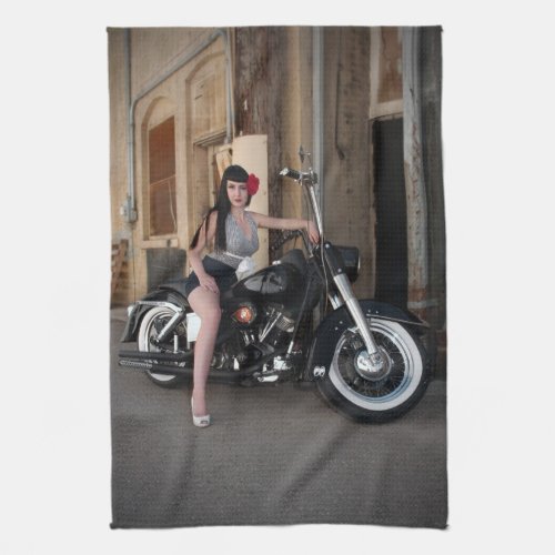 Downtown Alley Motorcycle Rockabilly Pin Up Girl Kitchen Towel