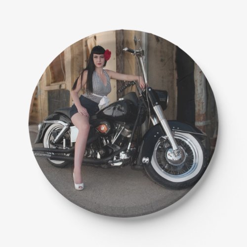 Downtown Alley Motorcycle Rockabilly Pin Up Girl Paper Plates