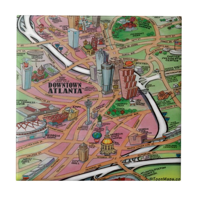 Downtown Atlanta Georgia Cartoon Map Ceramic Tile (Front)